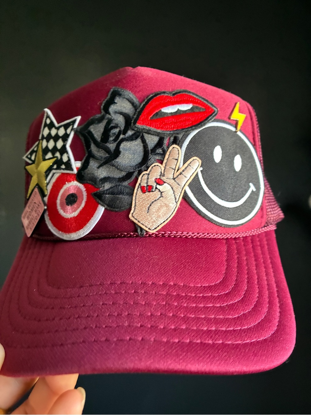 Women’s SNOB Burgundy Patch Trucker Hat with Fun Embroidered Patches